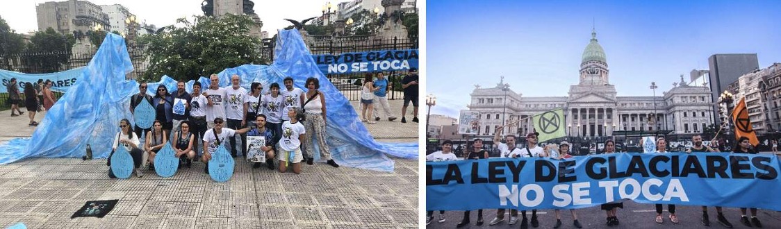 Due foto di un gruppo di persone in posa in una piazza aperta. Nellaseconda foto, un gruppo di persone regge un grande striscione blu con lascritta "La ley de glaciares no se toca". Sono visibili 2 bandiereXR.