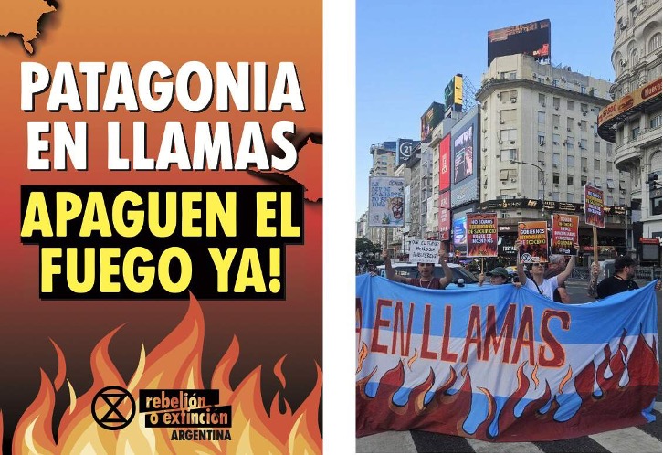 Uma imagem de cartaz com as palavras "patagonia en llamas apaguen el fuegoya!". Ao lado está a foto de uma marcha de protesto numacidade.