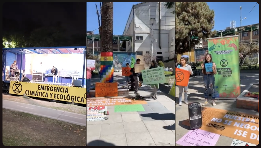 Três fotos de cenas ao ar livre com pessoas a segurar cartazes de protestoem Espanhol.