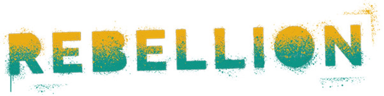 A palavra "rebellion" escrita a verde eamarelo.