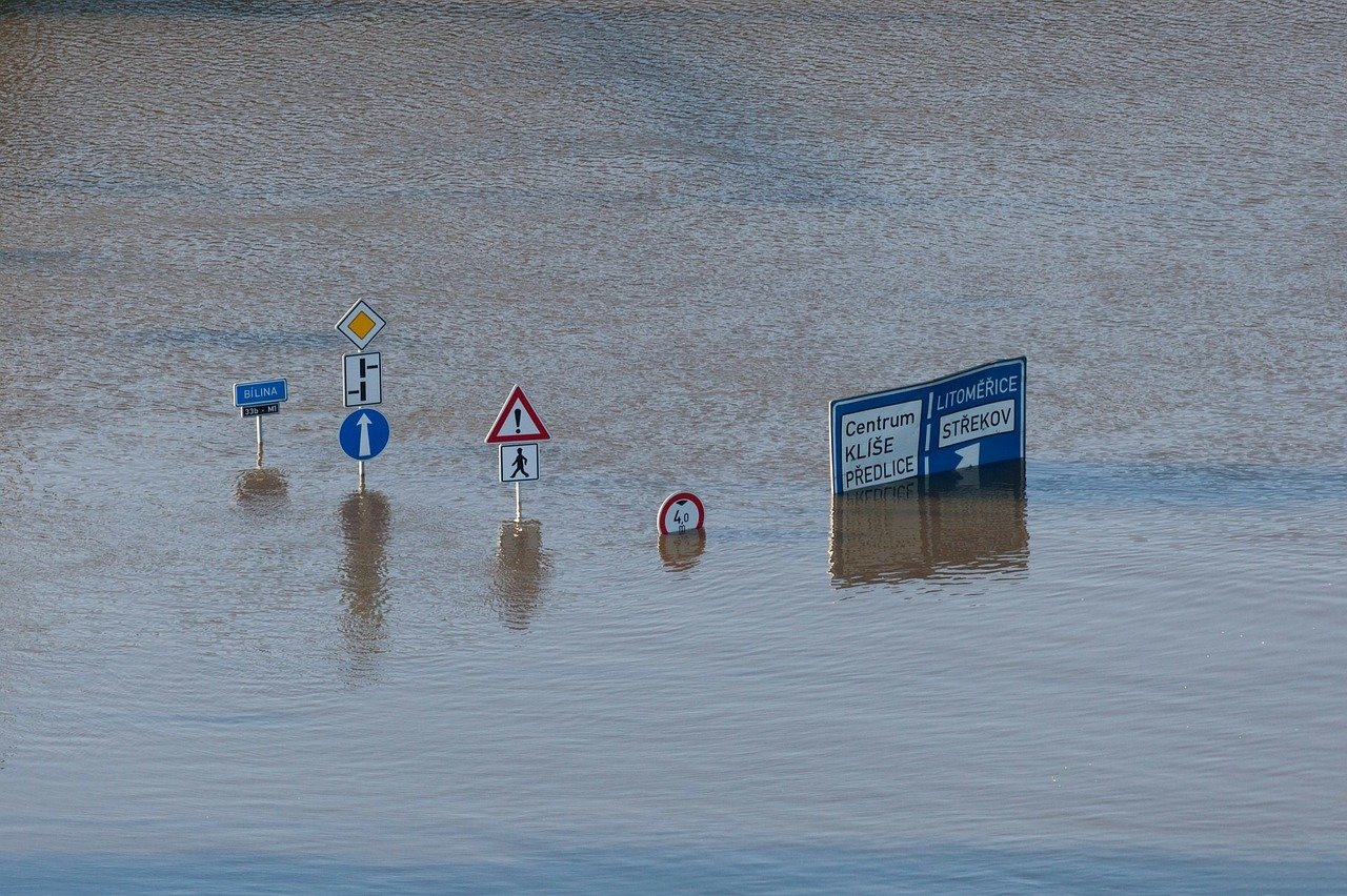 Traffic signs half-submerged inwater.