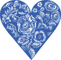 Incisione di un cuore blu con vari fiori bianchi al suointerno