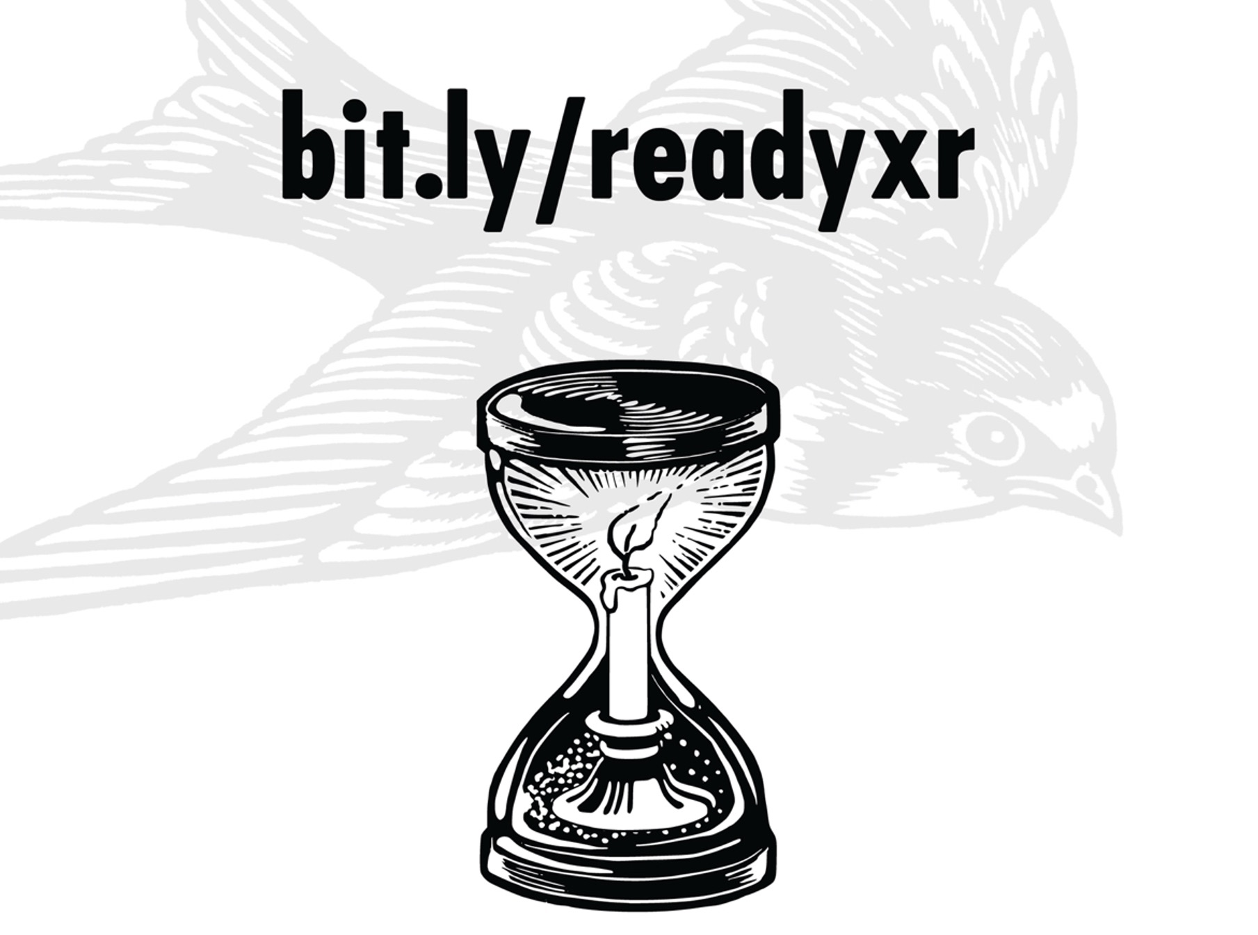 Imagen de una vela sobre un soporte corto ardiendo dentro de un reloj dearena. Claramente pretende sugerir el logotipo de XR. Un pájaro en elfondo